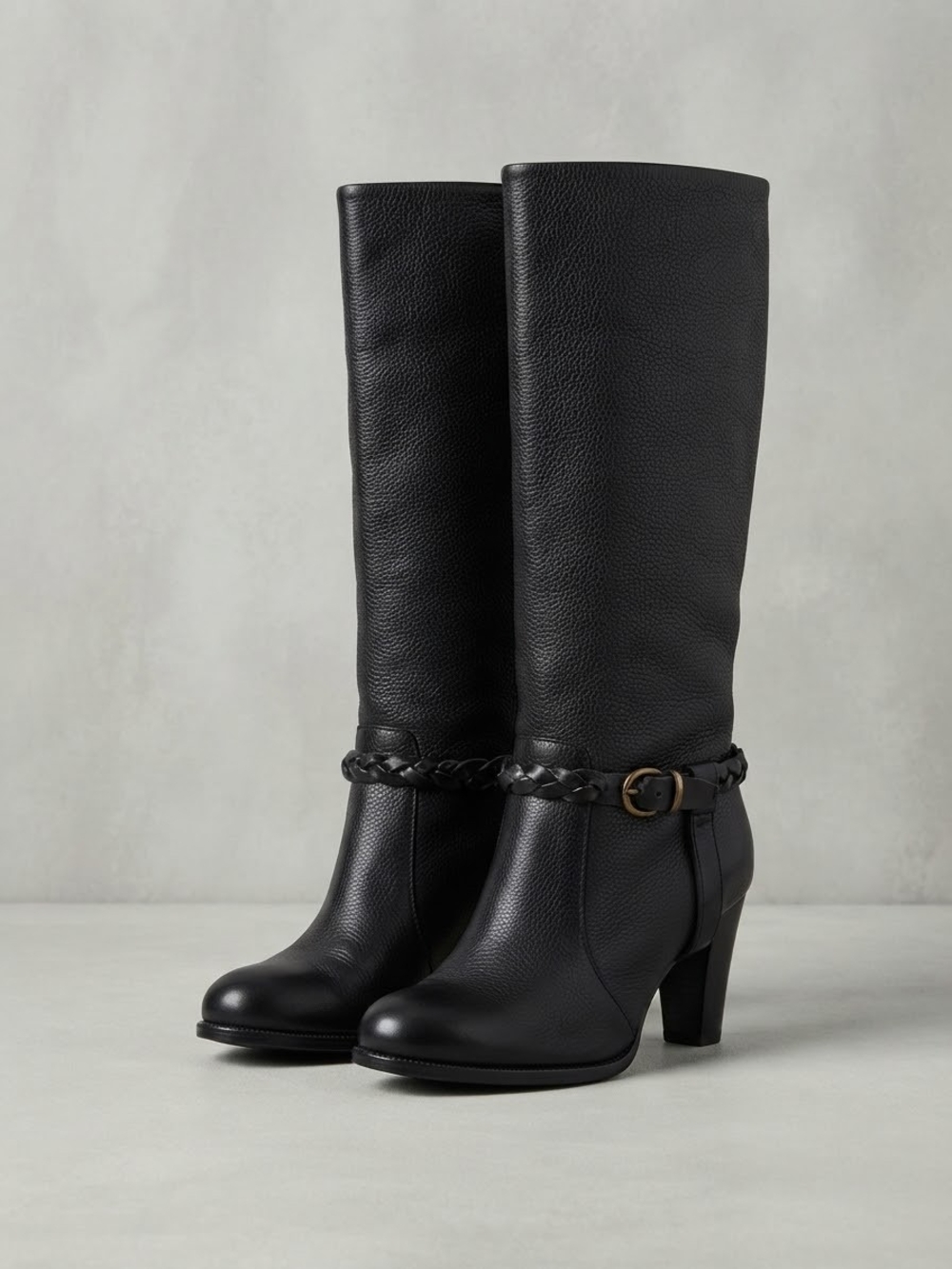 Banana Republic Black Leather Knee-High Braided Strap Heeled Boots